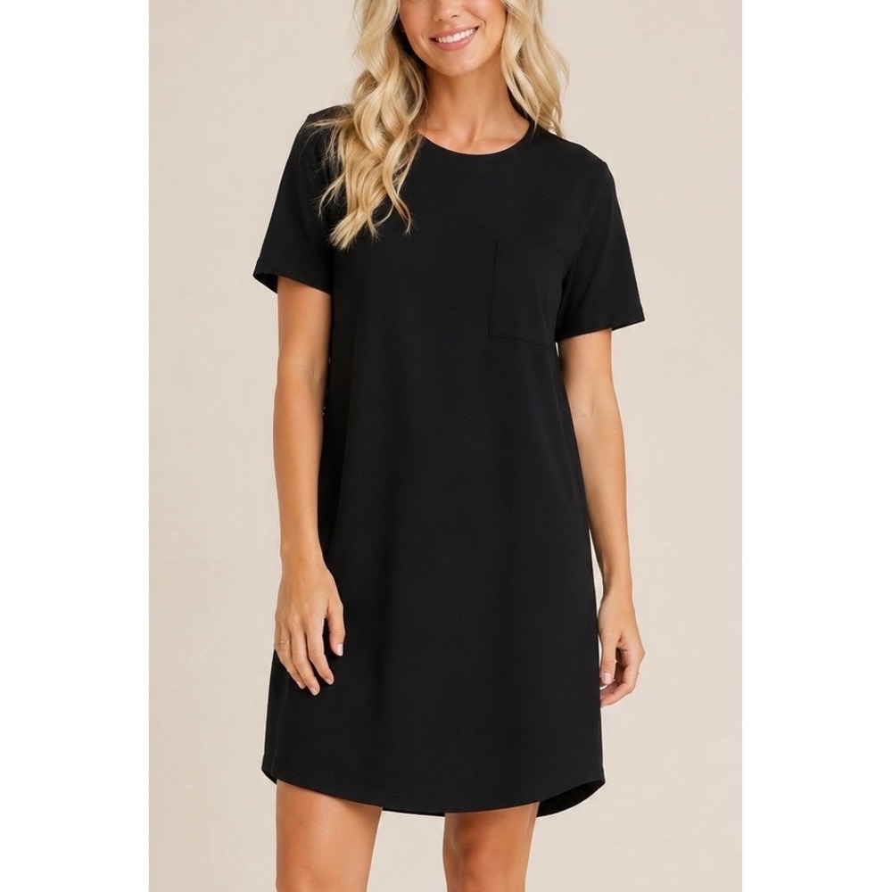 Quince Organic Cotton T Shirt Dress Black Crew Neck Pocket Mini M